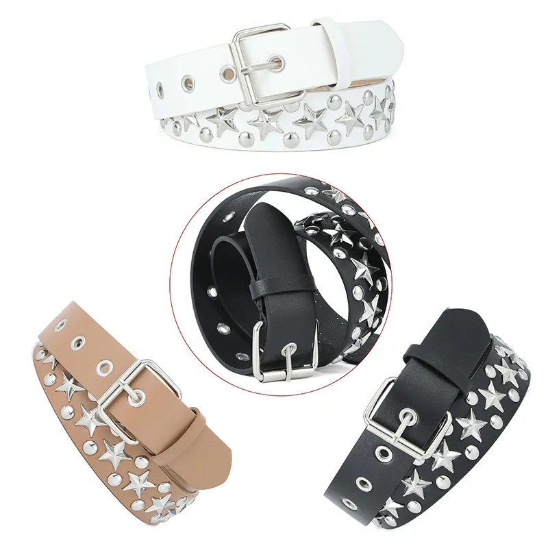 2024 New Punk Women Pin Buckle Belt Faux Leather Belt with Metal Buckle Head Five-pointed Star Decorative Belt for Jeans Pants