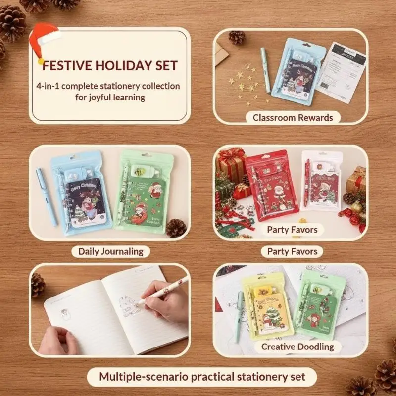 3-in-1 Christmas Stationery Set Durable Practical Notebook Pen Keychain Great for Kids Xmas Daily School Use Gift