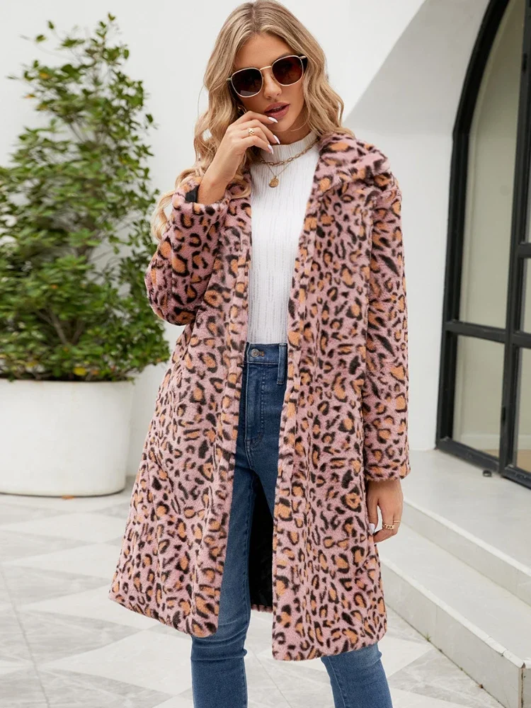 

Women Thick Fluffy Luxury Outerwear Winter Women's Warm Faux Fox Fur Long Coat Leopard Leisure Long Jacket Windbreaker