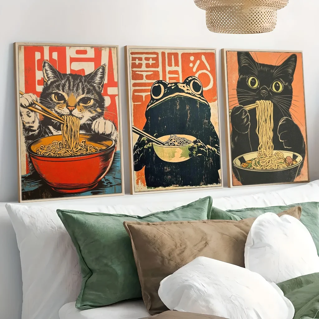 3 pz/set Gatto Nero e Rana Mangiare Ramen Cucina Strana Stampa Su Tela Cibo Retro Giapponese Wall Art Poster per Cafe Bar Home Decor