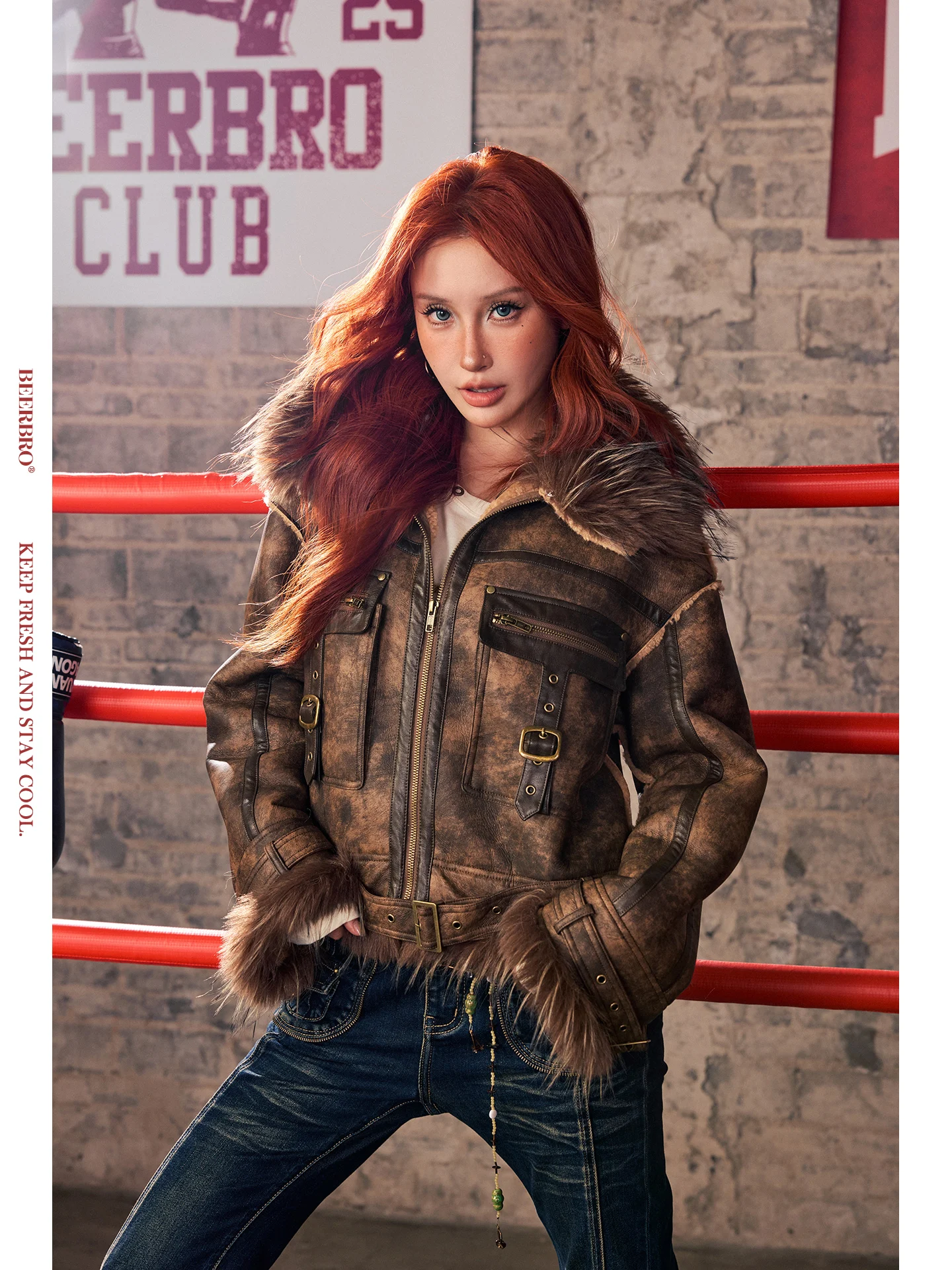 เสื้อโค้ทขนสัตว์สำหรับผู้หญิง BeerBro Violent Beau Dyeing Thiened ket Cosite Warmth  แบบอินเทรนด์  ทำจากหนังและโพลีเอสเตอร์