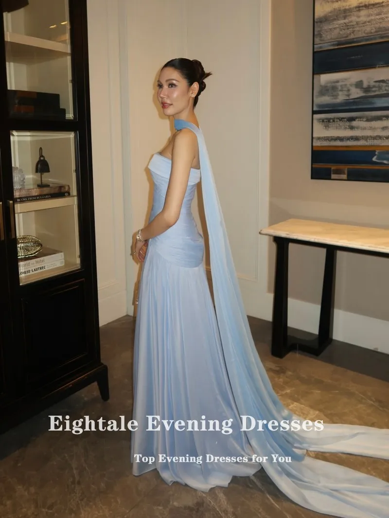 Eightale árabe vestido de noite sem alças plissados crepe personalizado halter azul muçulmano a linha baile de formatura vestido de festa de casamento