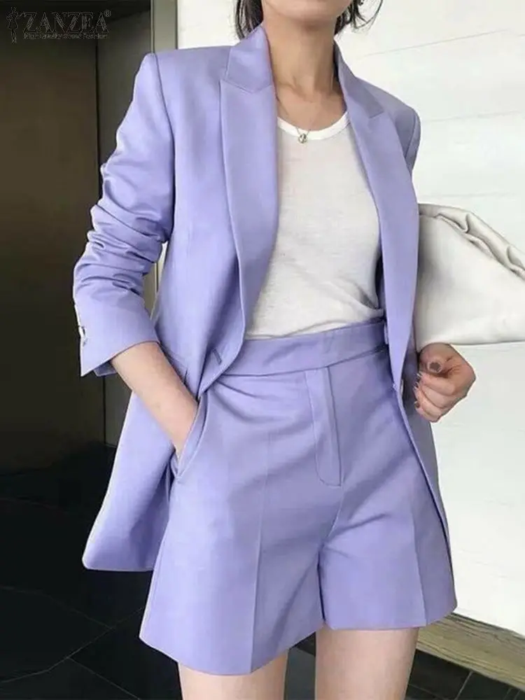 ZANZEA Autumn Pure Cotton Short Sets Long Sleeve Blazer And Short Pant Women Solid Work OL Tracksuits Fashion Elegant Suit 2023