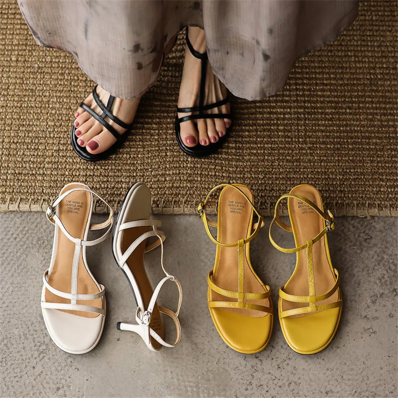 New Summer Sandals Genuine Leather Women Shoes Round Toe Shoes for Women Fashion Retro Sandals Handmade High Heels Roman Sandals