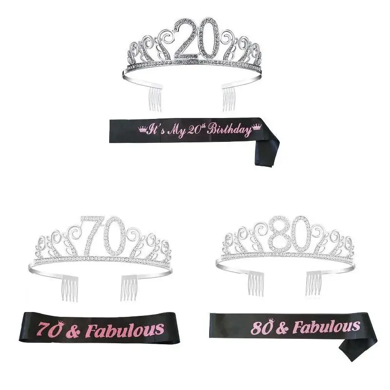 60th Adult Princess Crown Sash Sparkly Metal Headdress Pink Satin Sash Decorations 60th Birthday Cake Topper