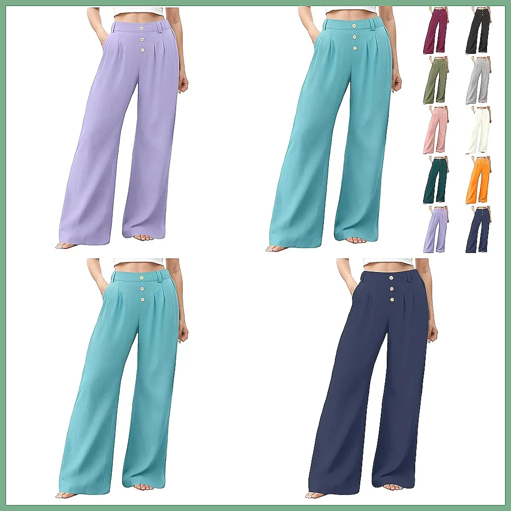 

Women's High Waist Wide Leg Pants, Casual Solid Color Trousers with Pockets & Button Detail