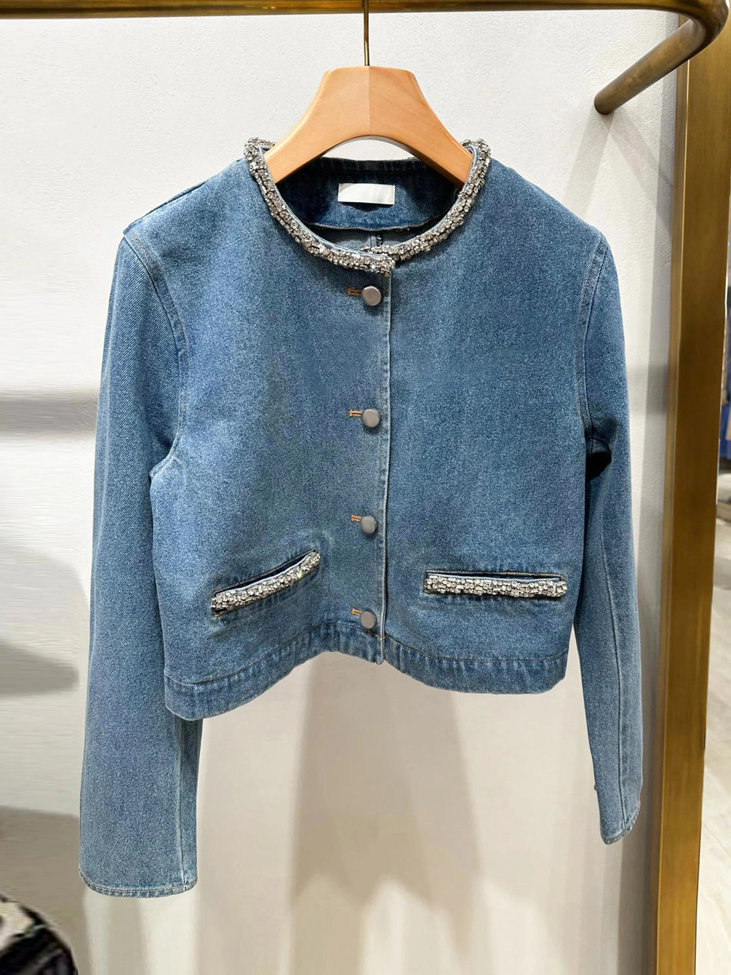 

S Home South Oil High End Women's Summer 2025 ort Diamond Embellied Denim Open Cardigan Jaet Fem Design Sense