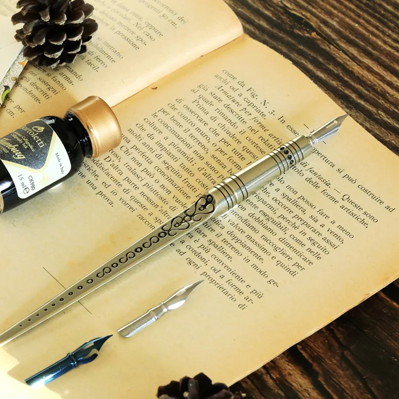 Italian Bortoletti All Copper Manual Penknife Dip Pen Letter Opener Ink NIB Gift Box Set