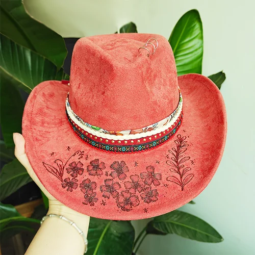 Imagen 2 del producto Quemar sombrero de vaquero pintado a mano gamuza hombres mujeres sombrero pluma vintage moda Jazz sombrero sombreros de copa plana Panamá sombrero mujer sombrero británico