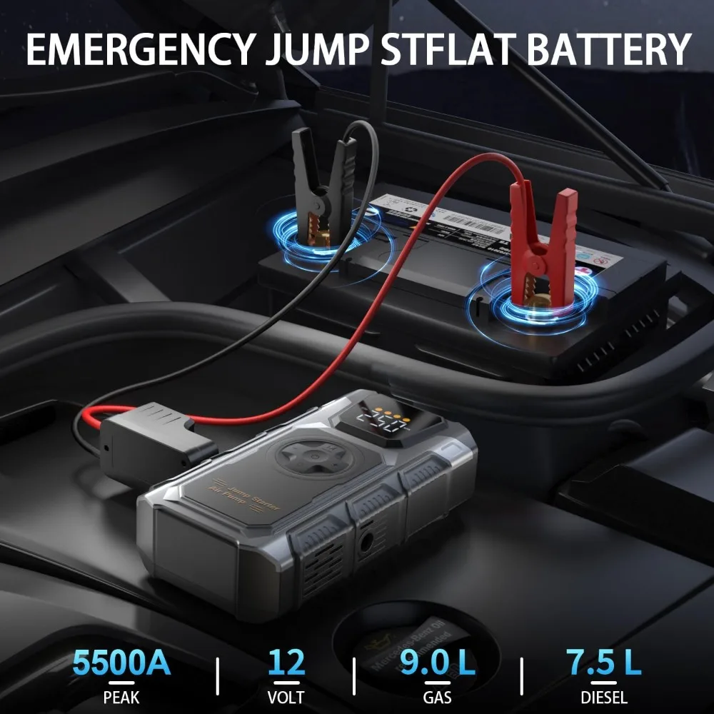 Car Jump Starter with Air Compressor, 5500A Portable Battery Jump Starter(9.0L Gas/7.5L Diesel), 12V Jump Box Car Battery Power