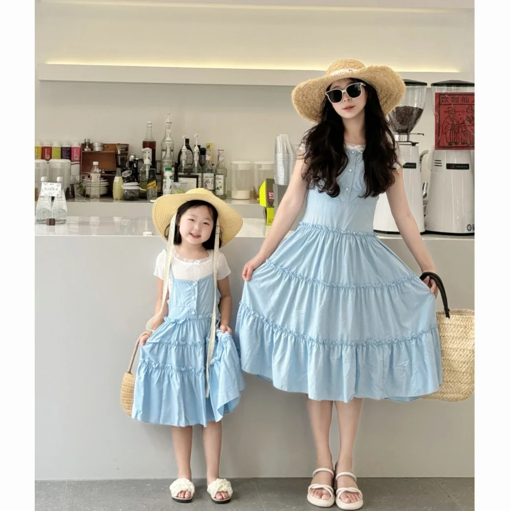 Holiday Look Mother and Daughter Matching Clothes Mom and Baby Girls White T Shirts + Suspender Dress Cute Momy and Me Dresses