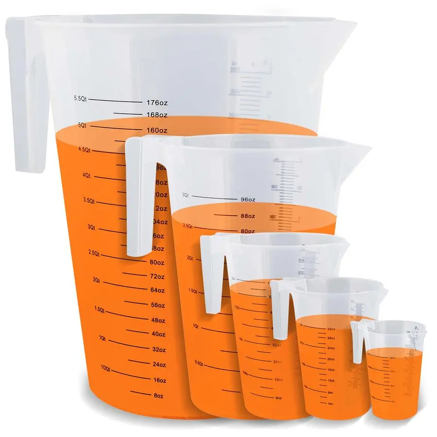 

5 Piece Set of Graduated Paint Mixing Pitchers Quart and Gallon Sized Mixing Cups 5000 ml, 3000 ml, 2000 ml, 1000 ml, 500 ml Pla