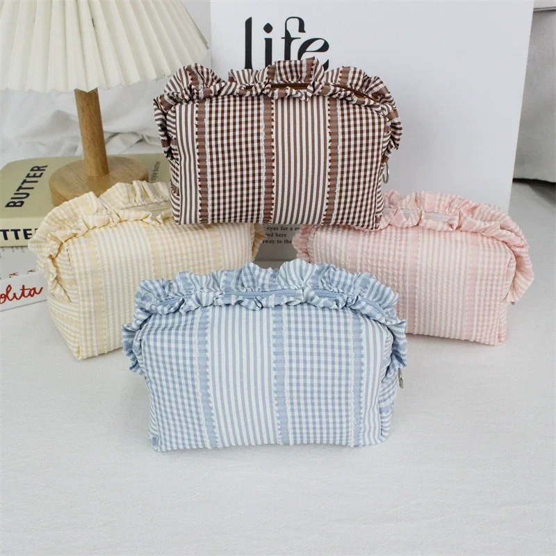 Kawaii Korean Ruffle Trim Fabric Cosmetic Bag Plaid Stripe Large Portable Makup Up Skincare & Stationery Storage Purse Case