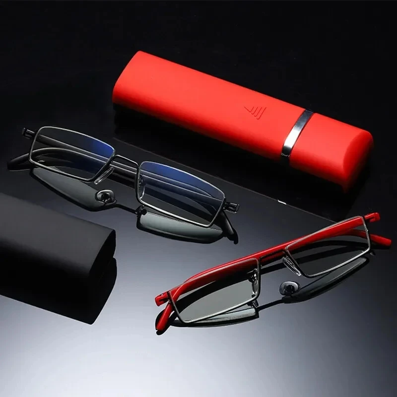 Modische Lesebrille für Herren und Damen, Anti-Blaulicht-Brille + 1,0 + 1,5 + 2,0 + 2,5 + 3,0 + 4,0, Nah- und Fern-Halbrahmen-Stil