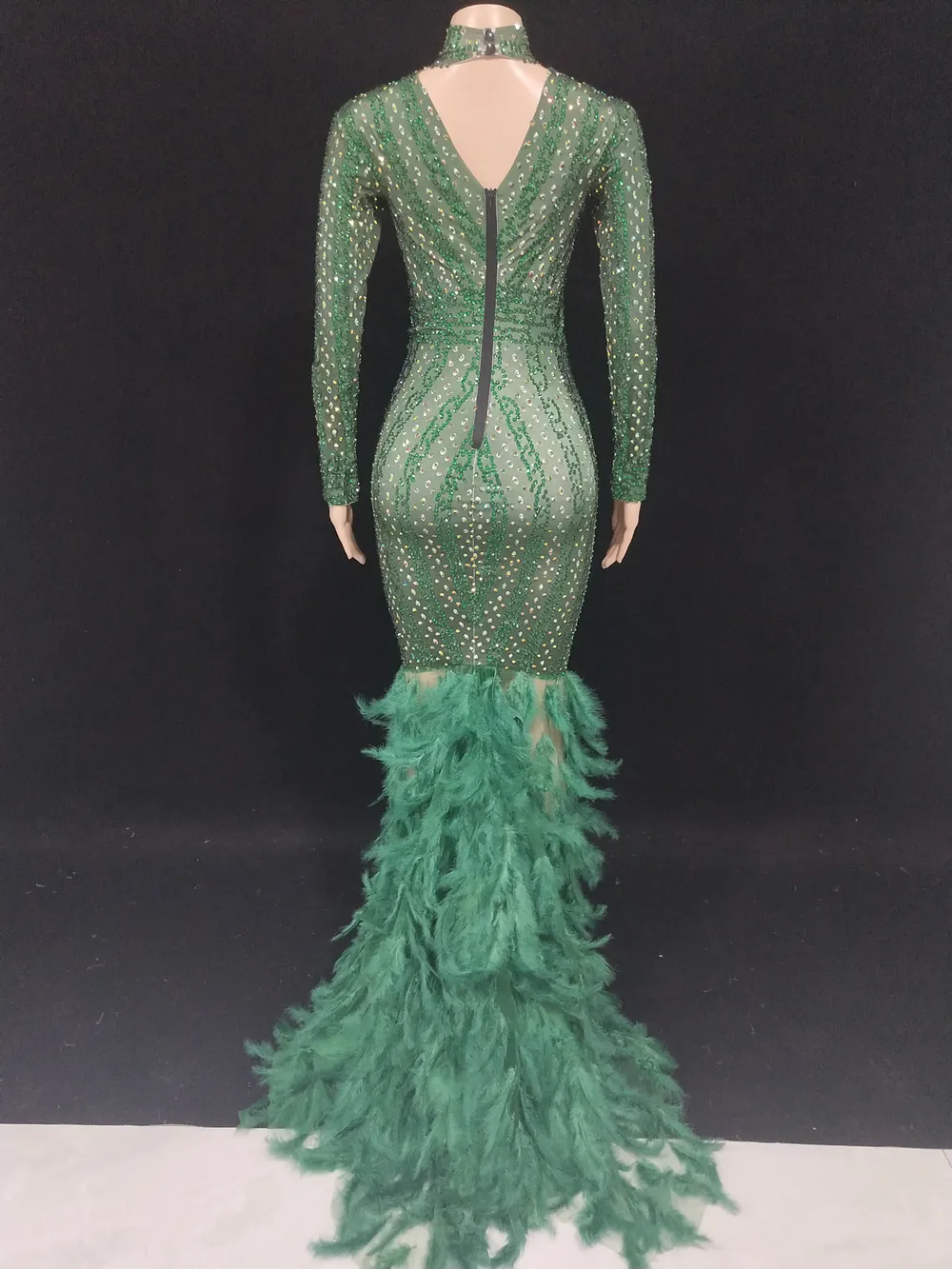 Elegant Green Rhinestones Feather Trailing Long Dress Women Singer Concert Stage Catwalk Floor Length Dance Costume Christmas