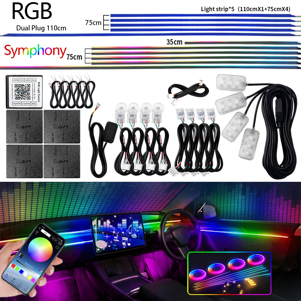 Uniwersalne oświetlenie otoczenia samochodu Led RGB 64 213 kolorowych pasków akrylowych Symphony Streamer Dekoracja wnętrza deski rozdzielczej Lampa nastrojowa