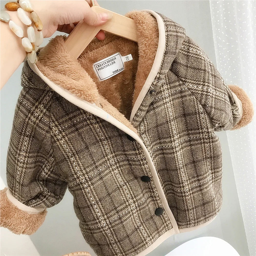 1-7T Toddler Kid Baby Boy Girl Winter Clothes Thick Plush Infant Plaid Jacket Cardigan Hooded Warm Childrens Coat Outwear