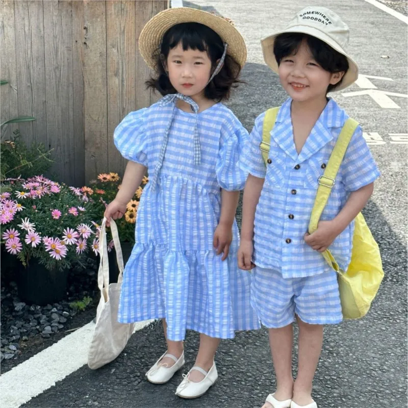 

Summer 2025 Kids Sibling Look Set Muslin Plaid Turndown Collar T-shirts Loose Shorts Suit Bubble Sleeve Children Girls Dress