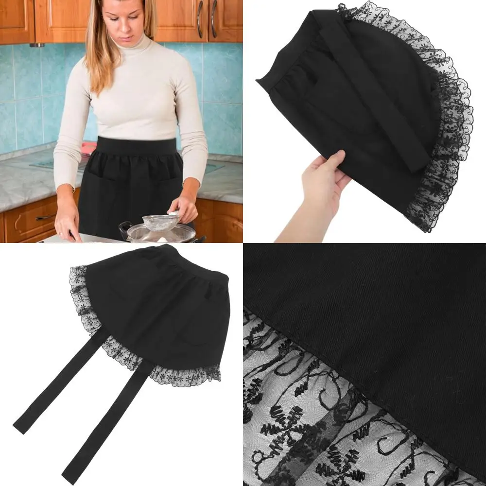 

Retro Black Cotton Half Apron with Pockets for Kitchen, Baking, Crafting, Gardening, and Cosplay