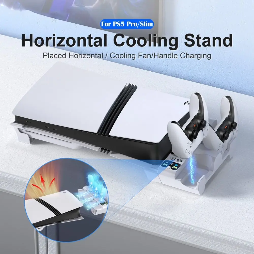 

Multifunctional Horizontal Stand 3 Level Wind Speed Dual Controller Charging Station for PS5 Pro/Slim Disc & Digital Edition