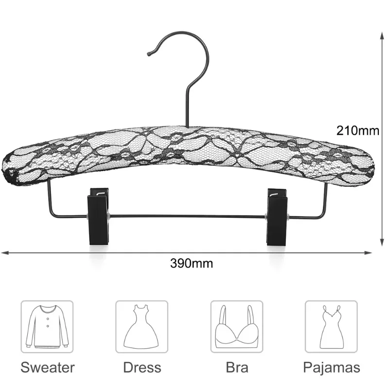 Wholesale Custom Colors Hanger Rack Saving Space Factory High Quality Black Lace Fabric Clips Hanger for Women Clothes Trousers