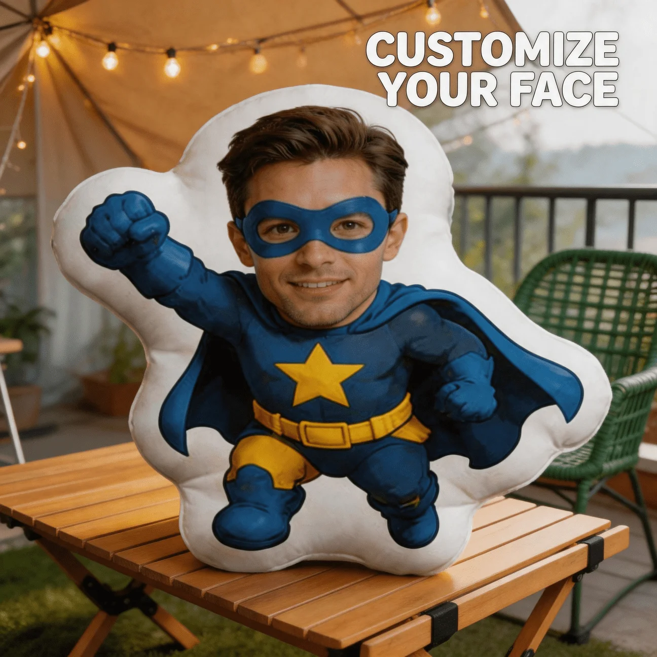 Custom Face Superhero Shaped Pillow, Personalized Photo Blue Suit Hero Decorative Cushion, Unique Home Decor Accent for Sofa & B