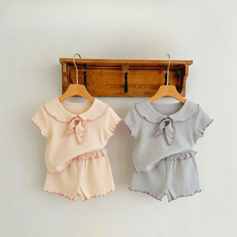 2026 New Summer Kids Clothes Suit Girls Lapel Collar Top Ruffle Shorts Two-piece Set Bow-knot Children Clothing