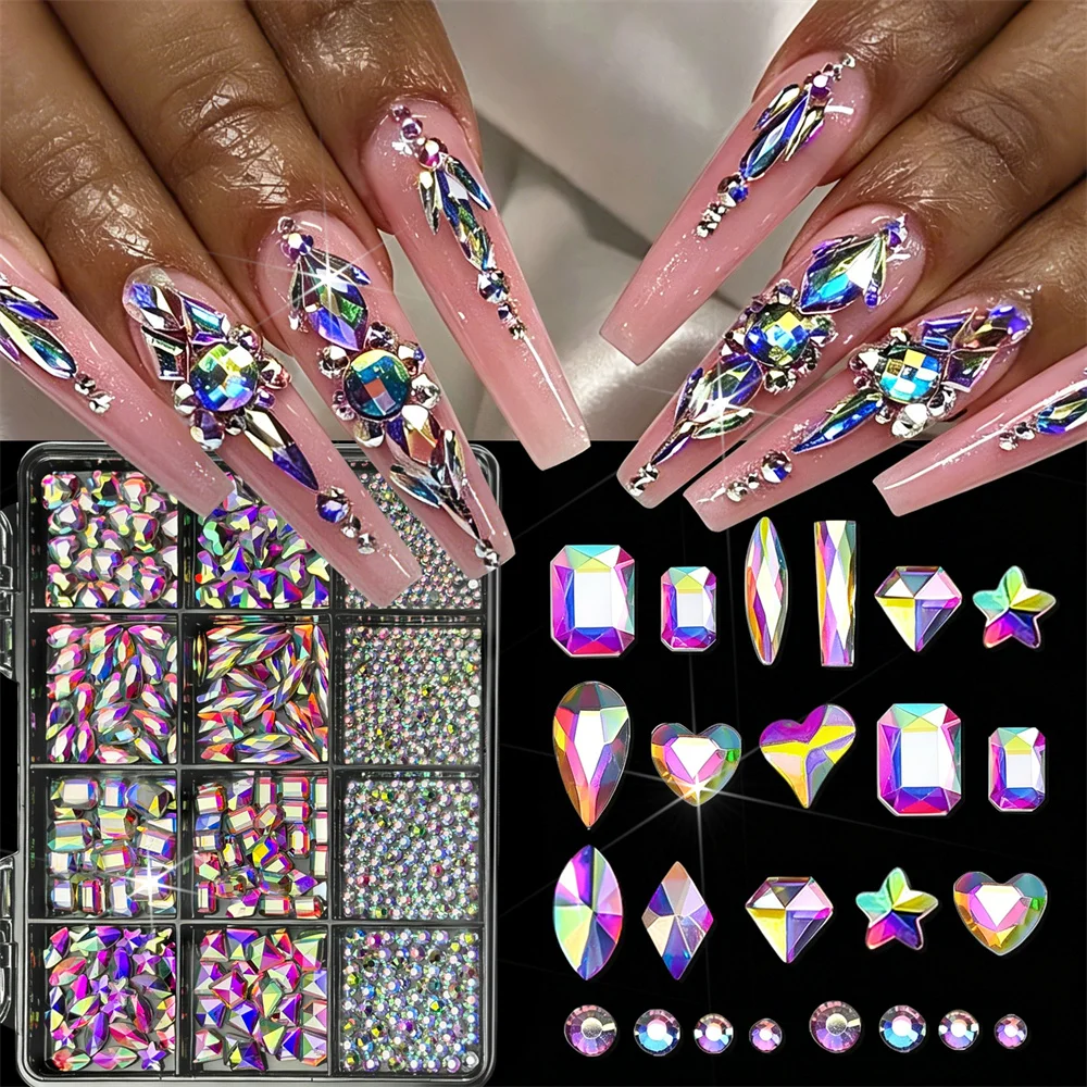 

12Grids Mixed Shapes AB Crystal Nail Art Rhinestones 3D Heart Star Teardrop Flatback Glass Nail Diamonds DIY Manicure Decoration