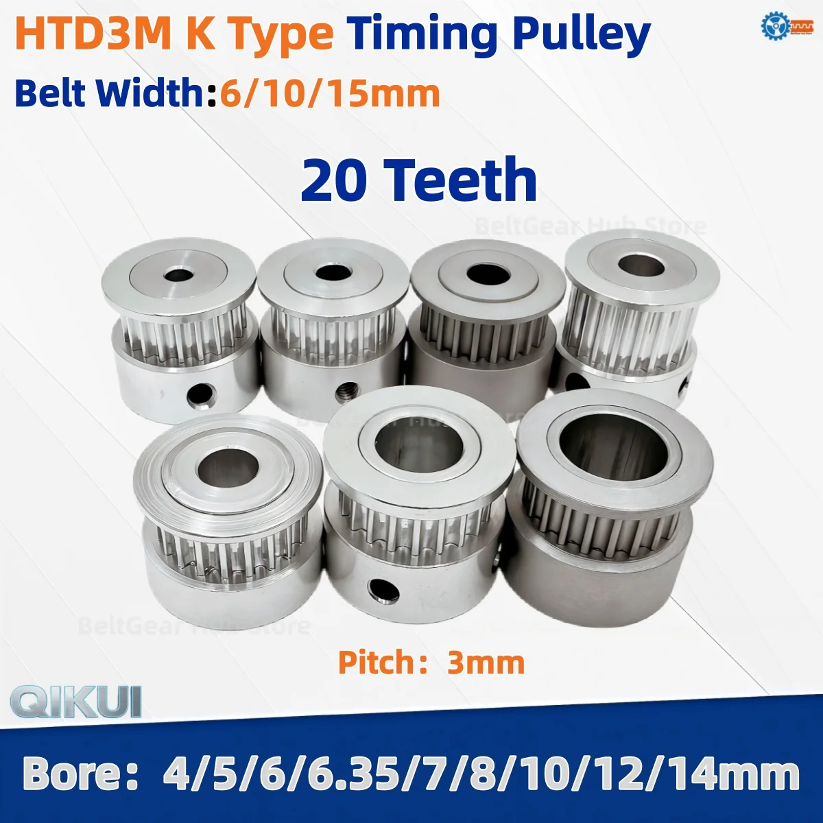 HTD 3M 20Teeth K-Type Timing Pulley Bore 4/5/6/6.35/7/8/10/12/14mm 3M Belt Width 6/15/15mm Synchronous Wheel Belt Pulley