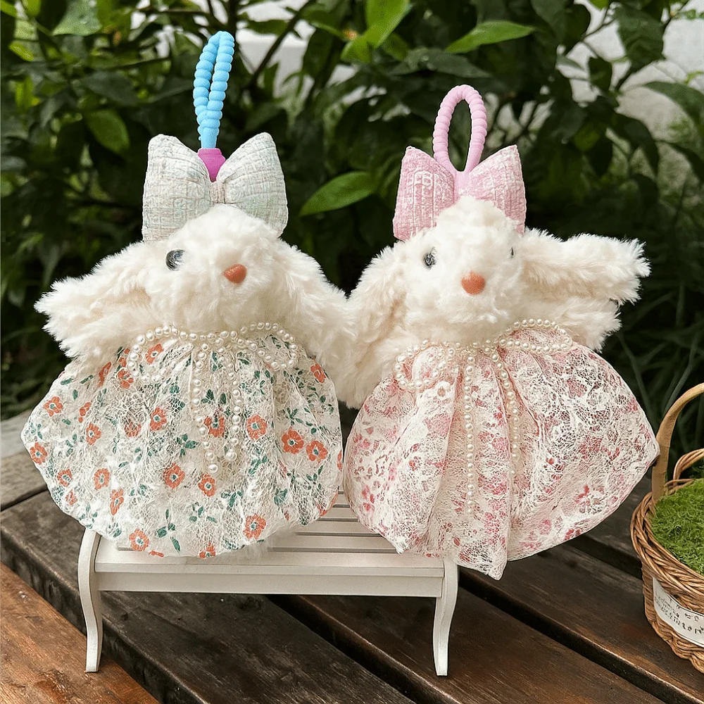 

Princess Pearl Dress Bow Plush Rabbit Keychain Cartoon Soft Rabbit Doll Keyring Kawaii Stuffed Plush Rabbit Keychain