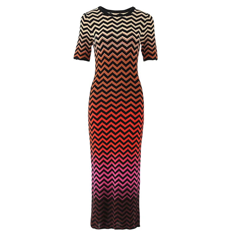 

New Arrival Women Sheath Dress O-Neck Striped Knitted Cotton Dress