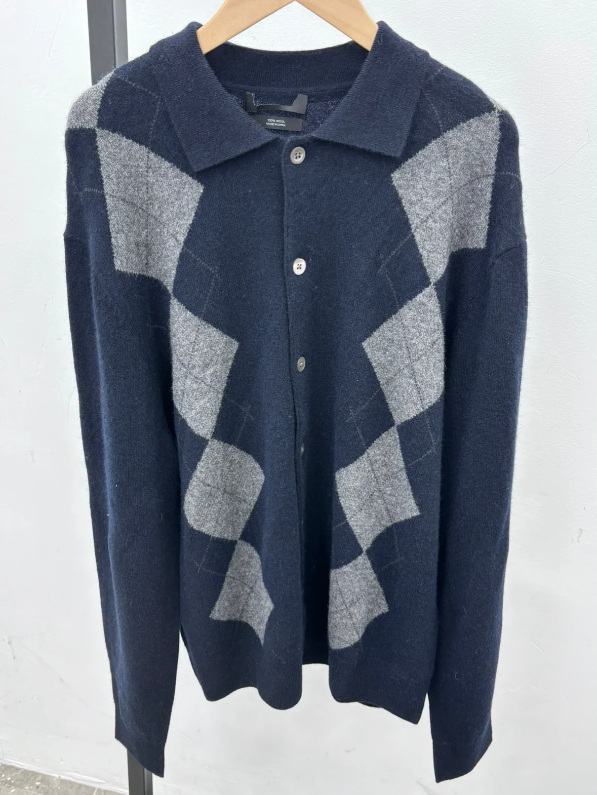 

Мужской шерстяной вязаный открытый кардиган в американском студенческом стиле с ромбовидной клеткой Faion Urban Loose Fit Long Sve V-Ne Spring