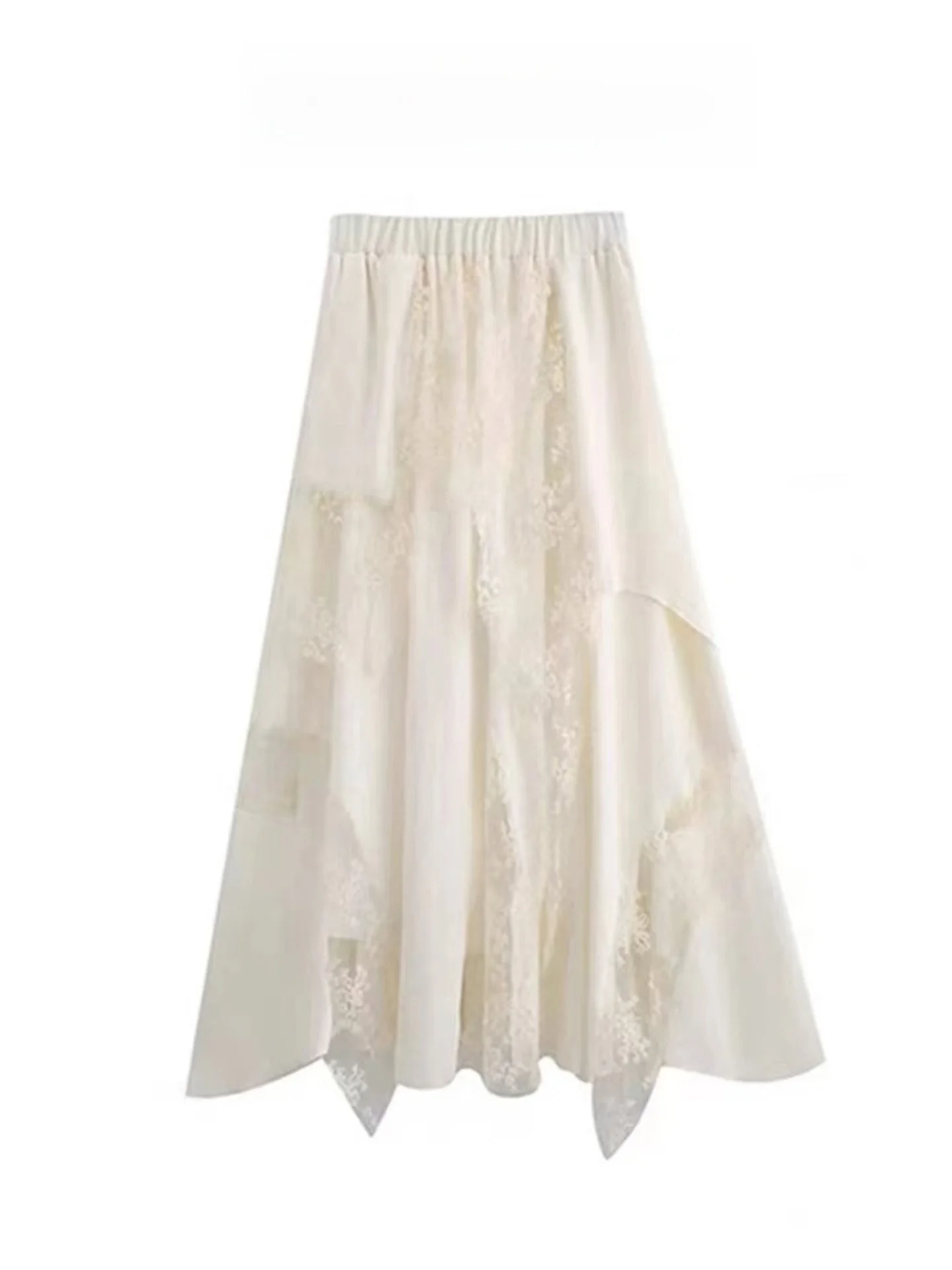 White Irregular Lace Half Skirt Women's Spring Design Heavy Embroidery Tulle Splicing Long Cake Skirt High Waist A-Line