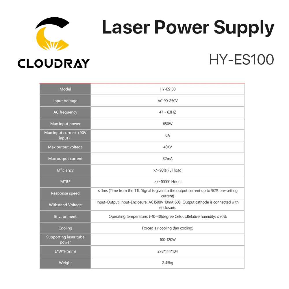 Cloudray 100-120W HY-Es100 Es Series CO2 Laser Power Supply for CO2 Laser Engraving Cutting Machine