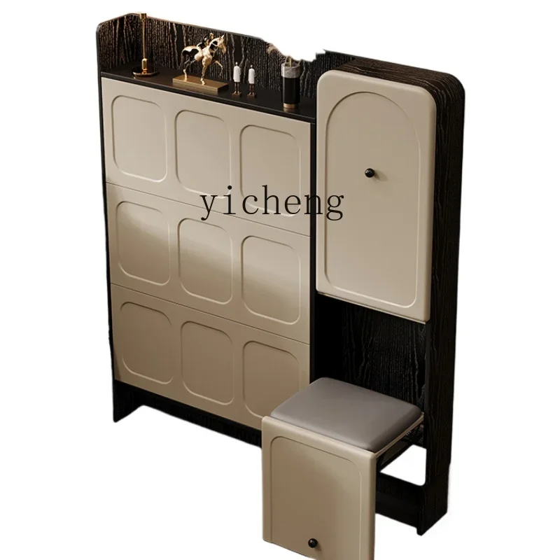 solid wood tipping bucket shoe cabinet household door indoor with shoe change stool entrance cabinet ultra-thin storage
