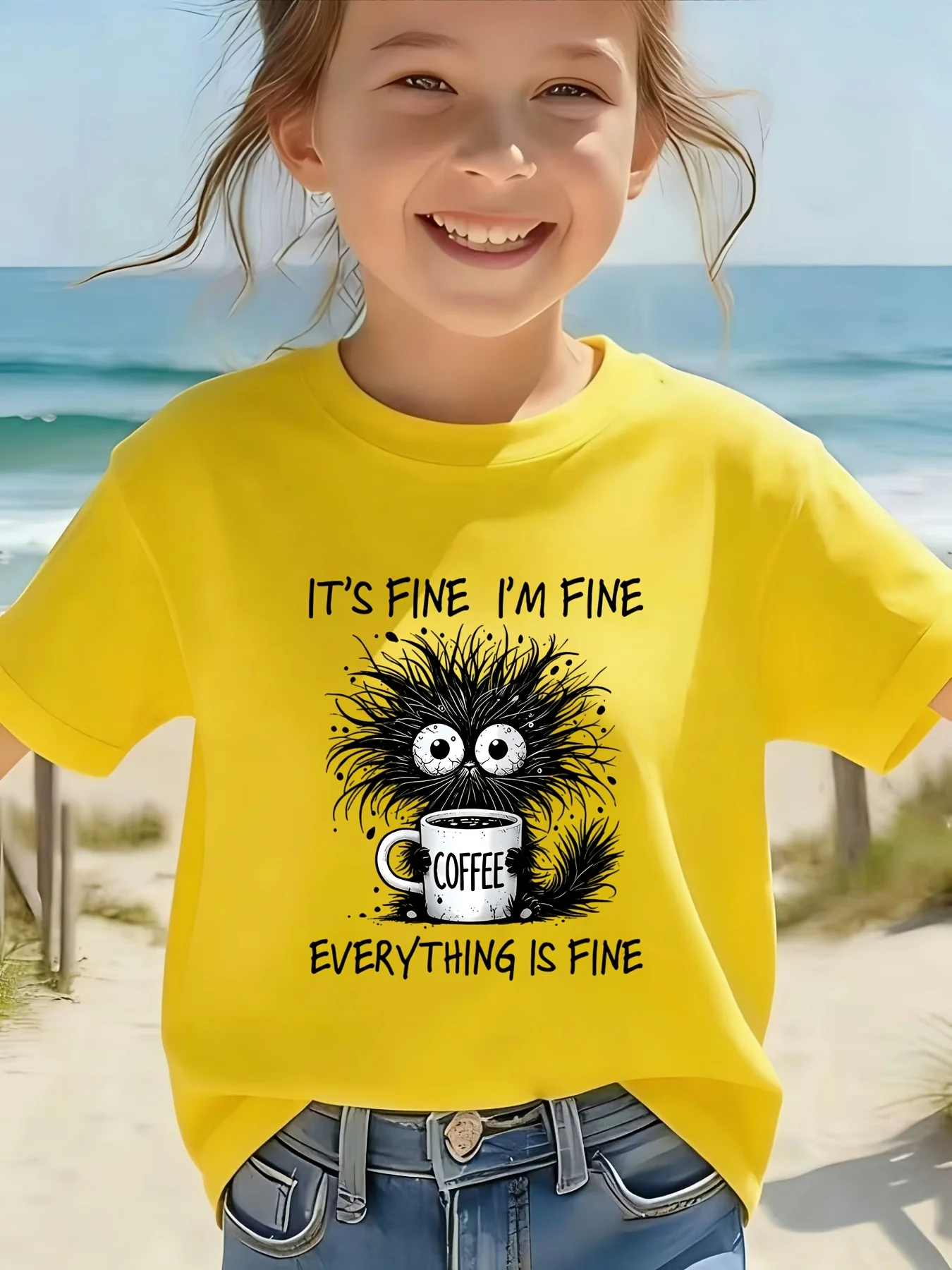Funny Furry Monster Coffee Slogan Print Family Matching T Shirt Boys Girls Soft Summer Short Sleeve Daily Casual Tees