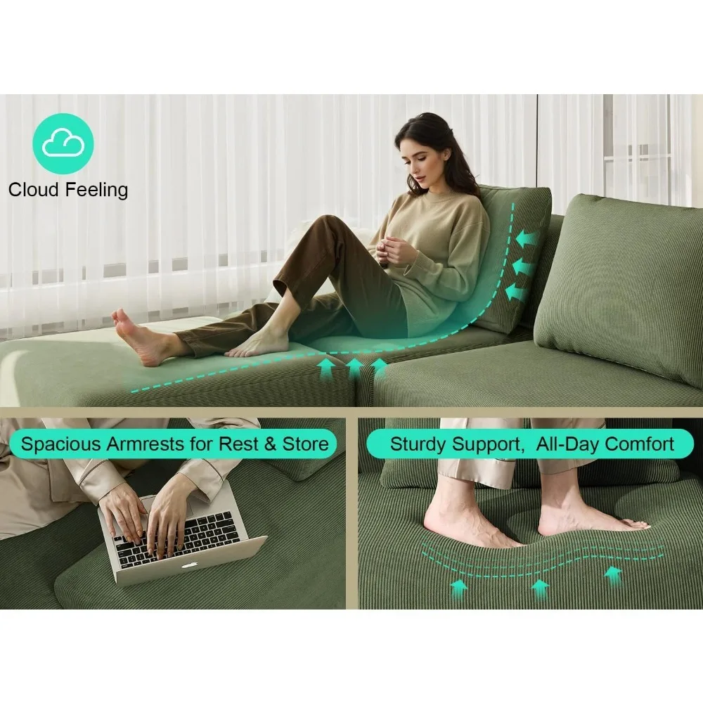 أرائك كبيرة الحجم بدون عظم لغرفة المعيشة، أريكة خضراء على شكل حرف V مكونة من 7 مقاعد، أريكة مقطعية من القطيفة على شكل سروال قصير