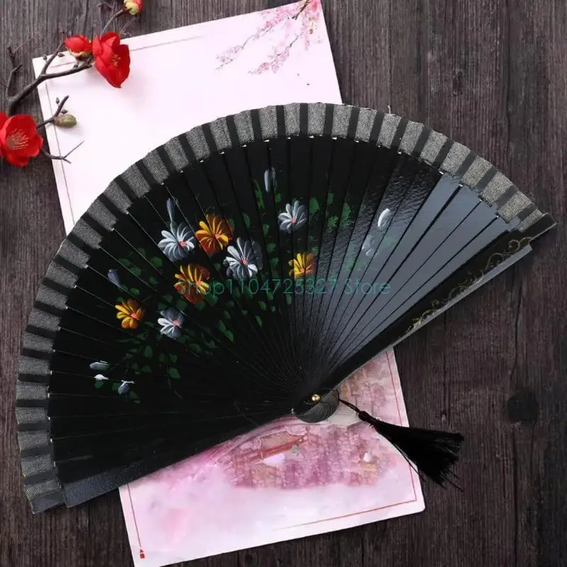Hand-Painted Elegant Spanish Flamenco Fan Double-Sided Floral Silk Folding Fan for Dance Performances & Home Decoration Gift