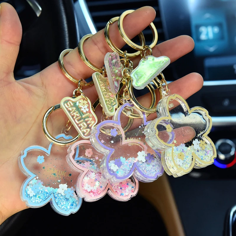 Creative Acrylic Quicksand Into Oil Cherry Blossom Key Chain Keyfob Floating Liquid Sakura Keychain Gift Cute Couple Bag Pendant