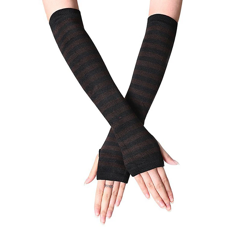 Y2K Gothic Lolita Handschuhe Armstulpen Harajuku Armwärmer Schwarz Grau Gestreift Fingerlose Punk Lange Armbänder Metallisch Unisex Handschuhe – Detail 8