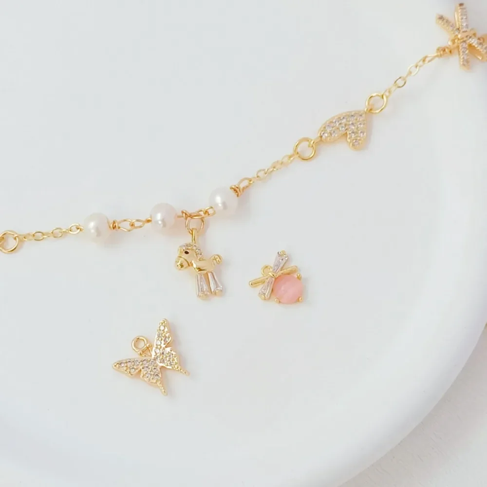 

14K Gold-plated Micro-inlaid Zirconium Small Horse Butterfly Lock Cat Pink Cat Eye Pendant, DIY Handcrafted Pendant