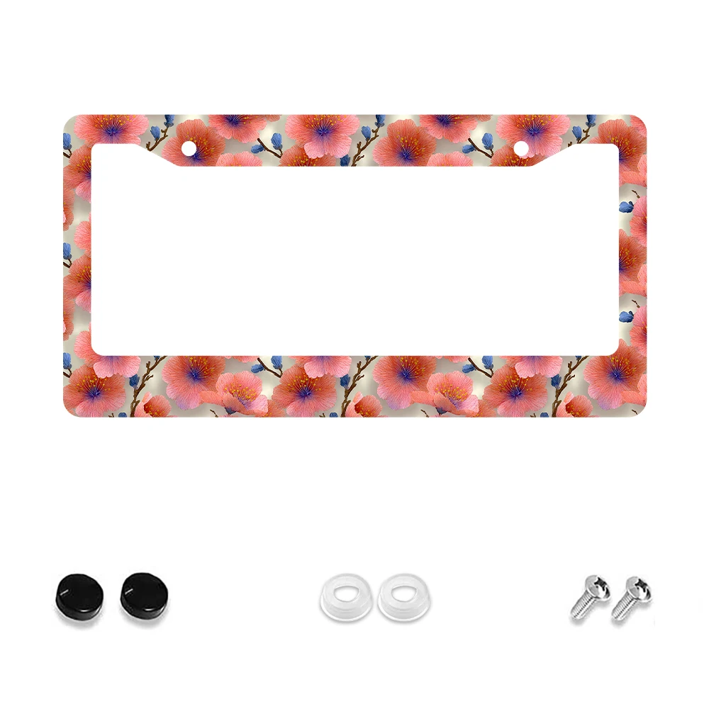 

1pc Pink Floral Pattern 2 Hole License Plate Frame Aluminum Material 6x12 Inches with Screw Set Vintage Novelty Car Decoration