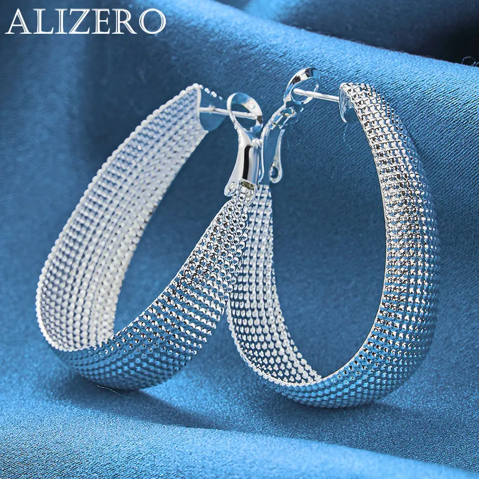 ALIZERO 925 Sterling Silver Oval Mesh U Hoop Earrings for Women Fashion Accessories Jewelry Unique Texture Perfect Gift Idea