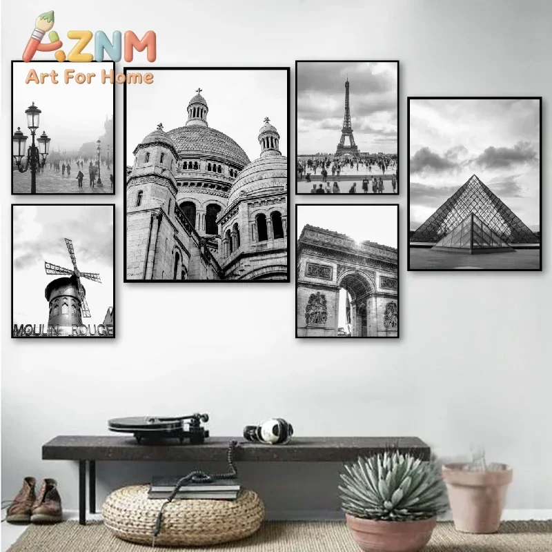AZNM Frameless Canvas Wall Art Black White Paris City Landmark Eiffel Tower Louvre Arc de Triomphe Print Vintage Travel Living R