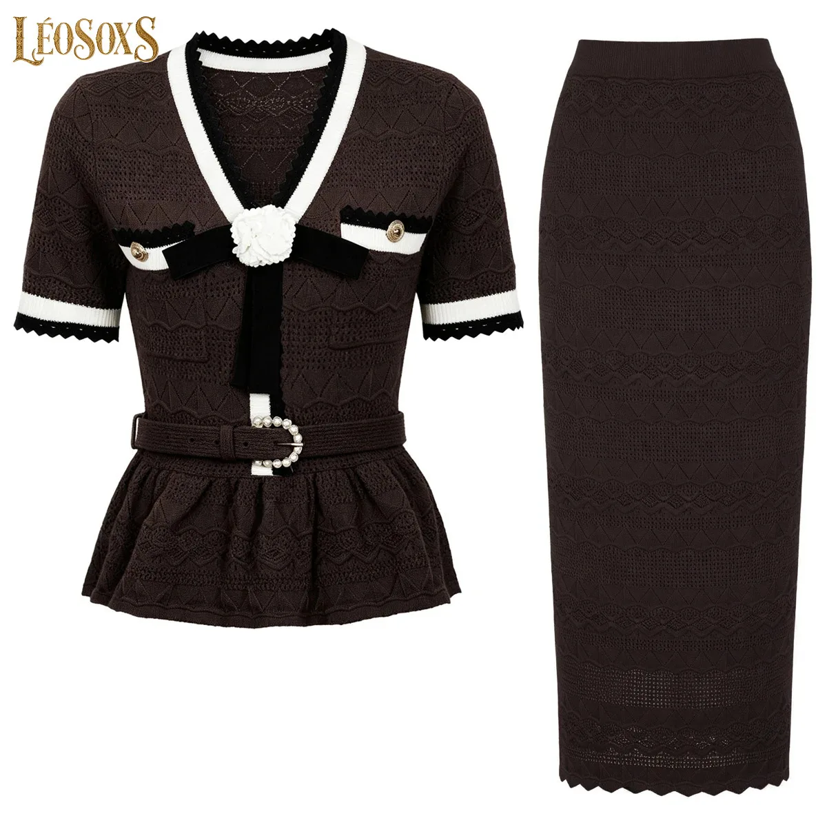 LEOSOXS Spring Summer Knit TwoPiece Set VNeck Short Sleeve Top Midi Skirt Belted Floral Slim Women Commuter Casual Outfit