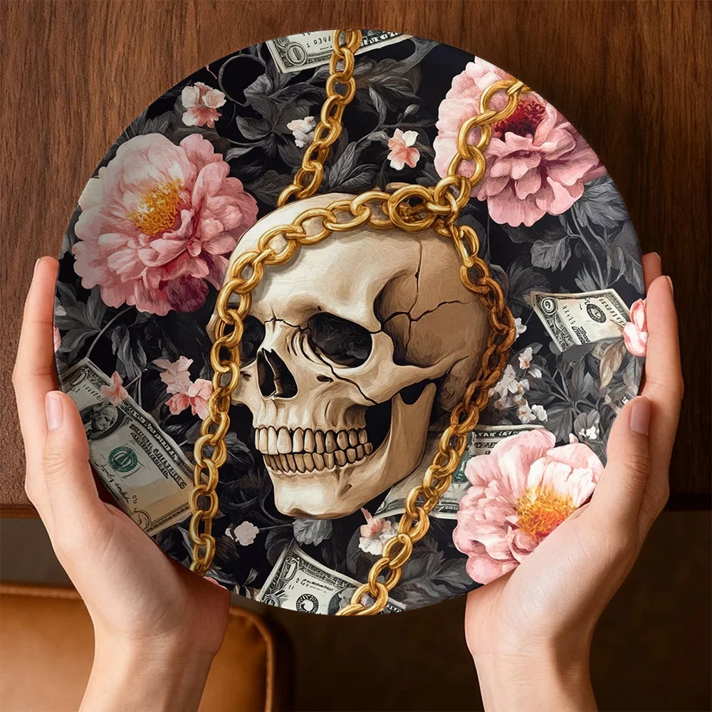 1pc Gothic Skull Decorative Plate - with Golden Chain, Non-Food Contact Ceramic Wall Art for Home, Living Room, Halloween,