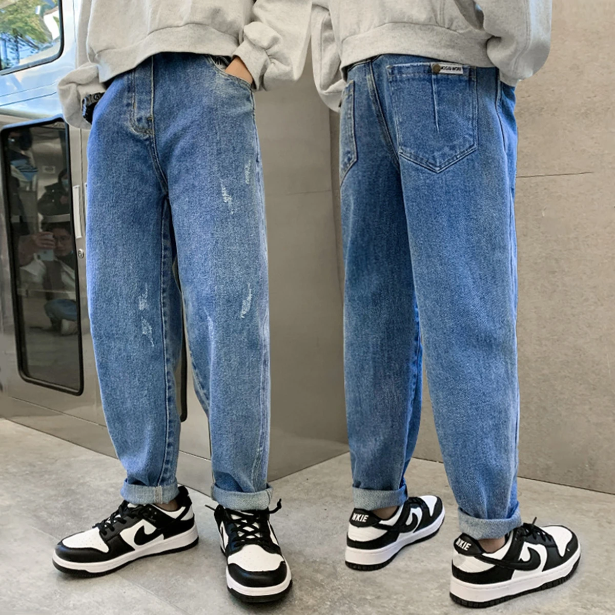 Trendy Boys Teenager Loose Fit Denim Jeans Casual Ripped Kids Long Trousers Korean Style Cotton Blend for Autumn Spring