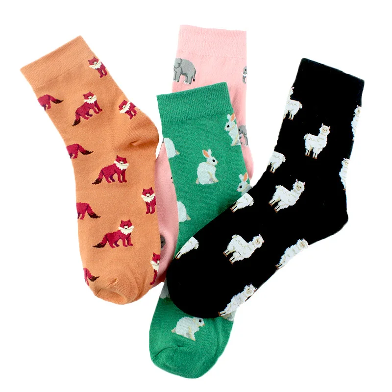 Cotton Socks Women Cartoon Animals Rabbits Fox Alpaca Elephants Print Middle Tube Wholesale Cute Kawaii Sox Harajuku Socks Mujer