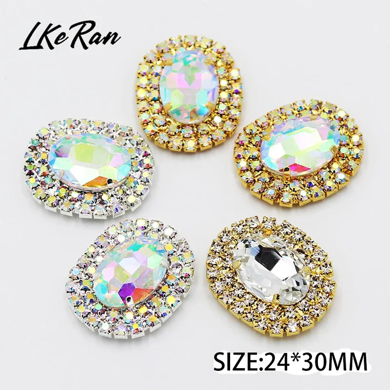 New 24*30mm Oval Flat BottomCrystal AB Sewing Rhinestones Buttons Gold Metal Applique DIY Wedding Decoration For 10Pcs/lot