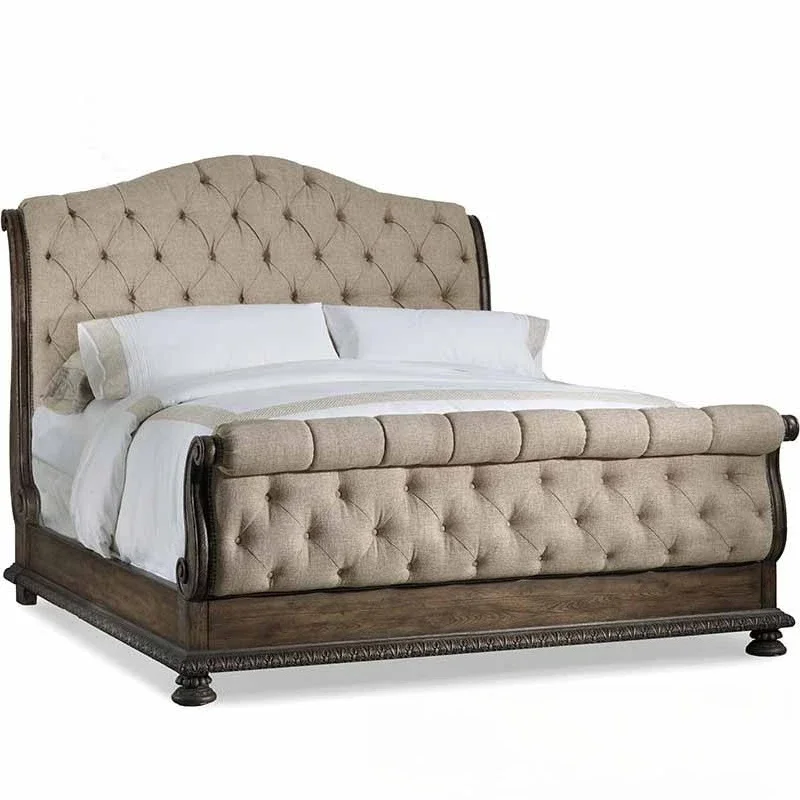 

French solid wood, villa oak retro carved court double bed, fabric soft wedding bed